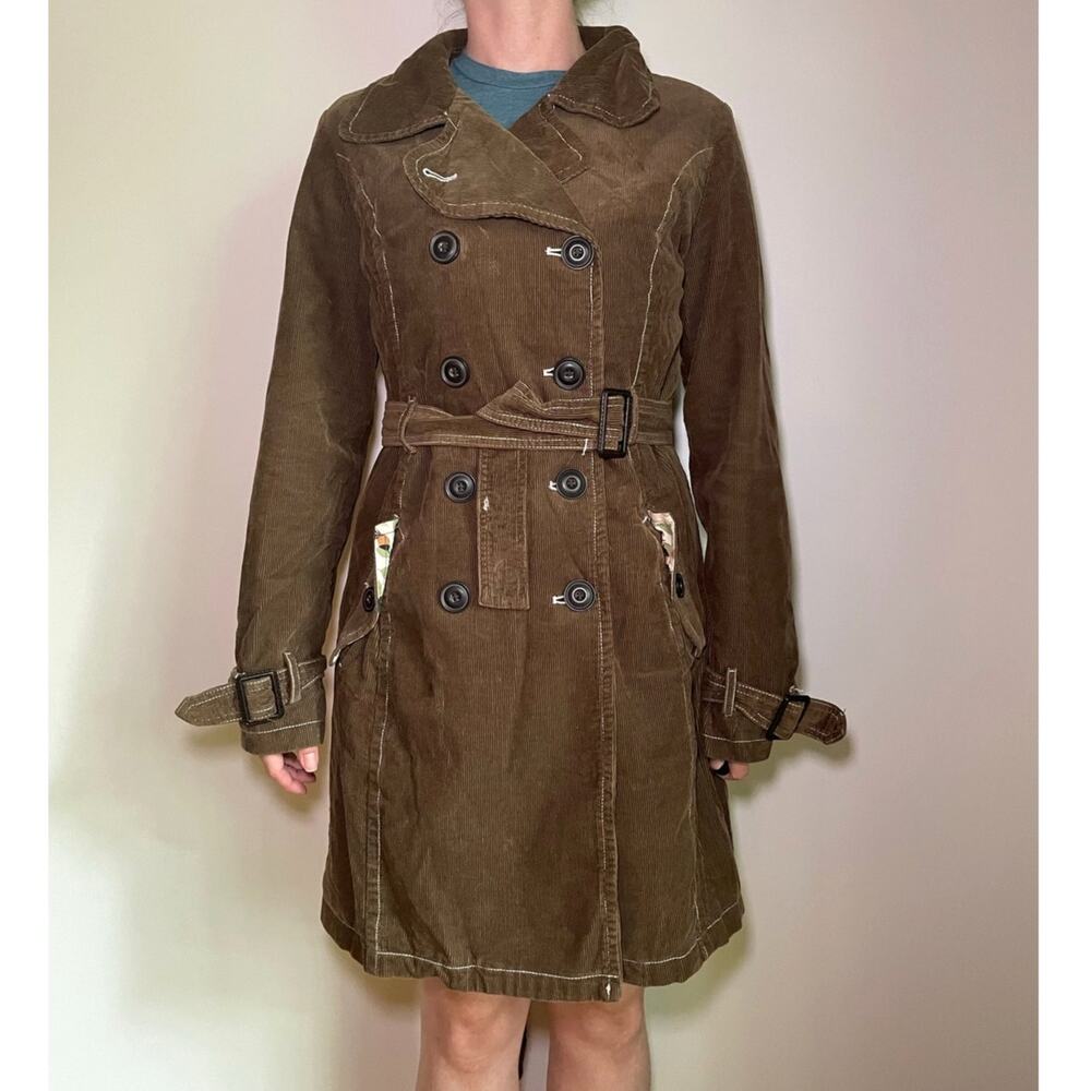 Y2K Merona Brown Corduroy Peacoat Jacket Women Sz Med Belted Retro Boho Vintage